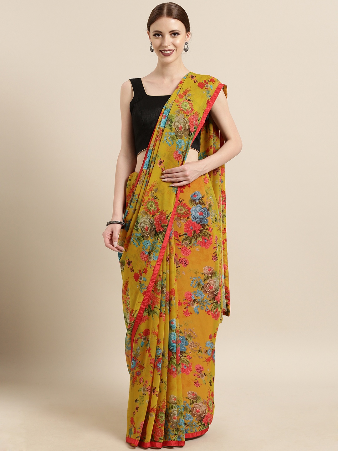 

Satrani Mustard & Red Poly Georgette Printed Saree