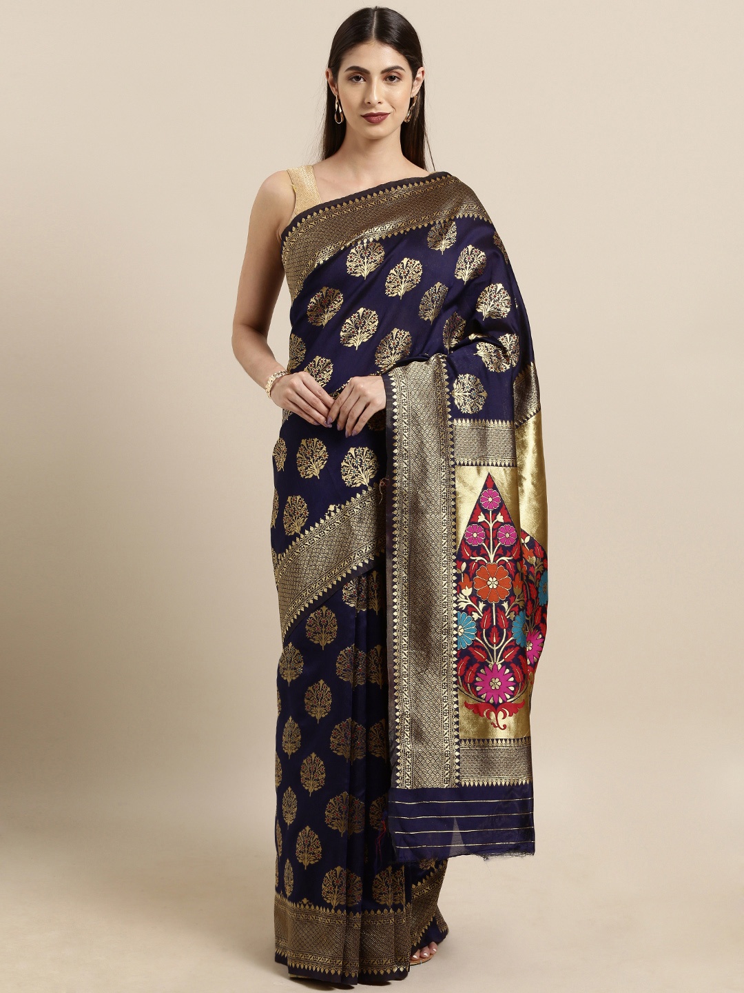 

Satrani Navy Blue & Gold-Toned Poly Silk Woven Design Jacquard Banarasi Saree