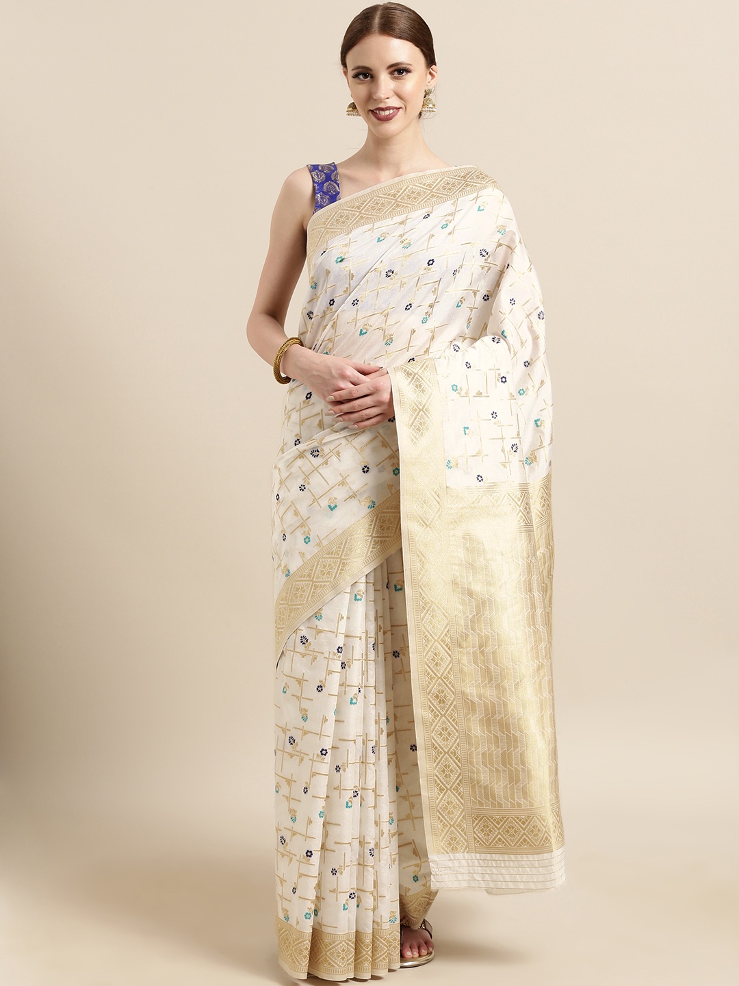 

Satrani White & Gold-Toned Cotton Blend Woven Design Banarasi Saree