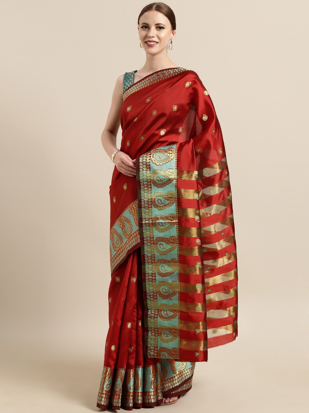 

Satrani Maroon & Sea Green Poly Silk Woven Design Banarasi Saree