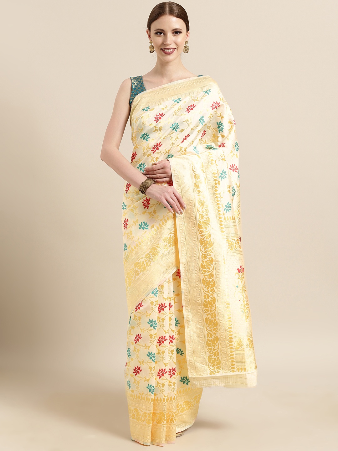 

Satrani Cream-Coloured & Golden Poly Silk Woven Design Banarasi Saree