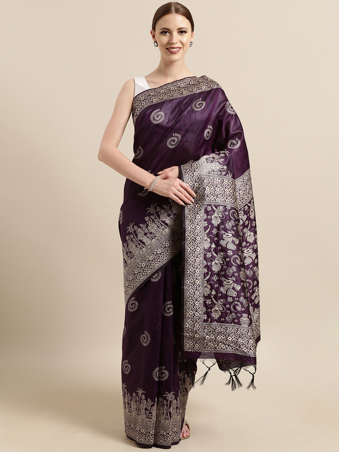 

Satrani Purple & Beige Silk Blend Woven Design Saree