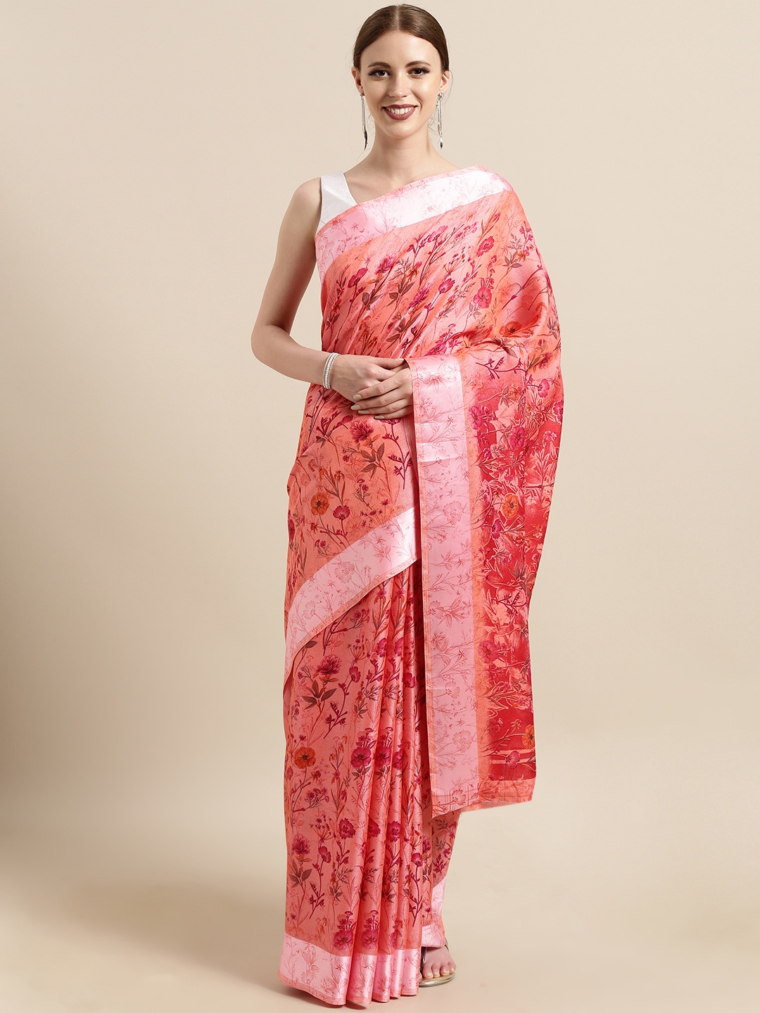

Satrani Coral Orange & Pink Cotton Blend Printed Saree