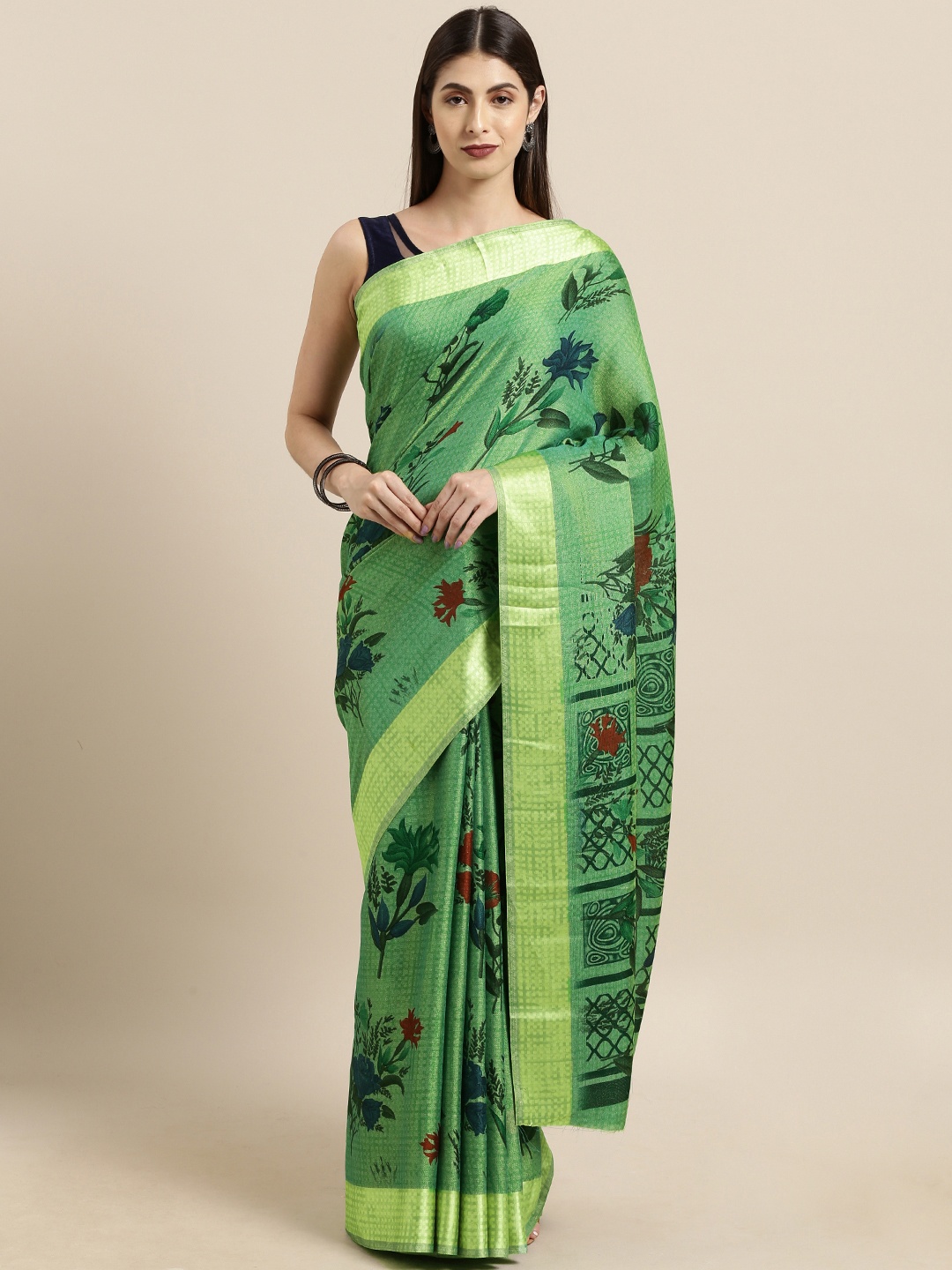 

Satrani Green & Red Jute Cotton Printed Saree