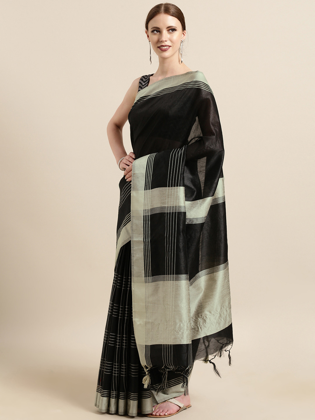 

Satrani Black & Grey Cotton Silk Blend Striped Saree