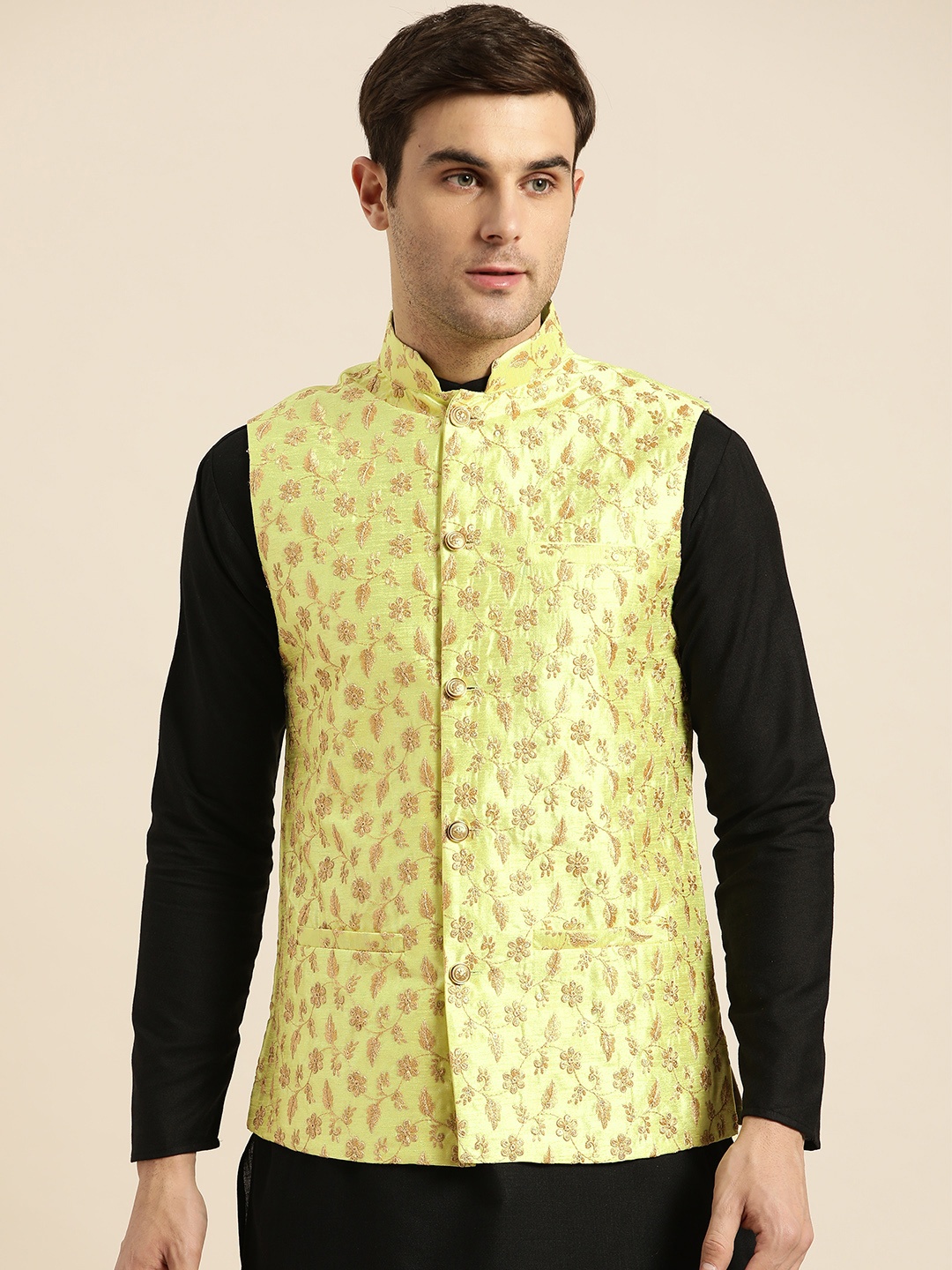 

SOJANYA Men Lime Green & Golden Embroidered Nehru Jacket