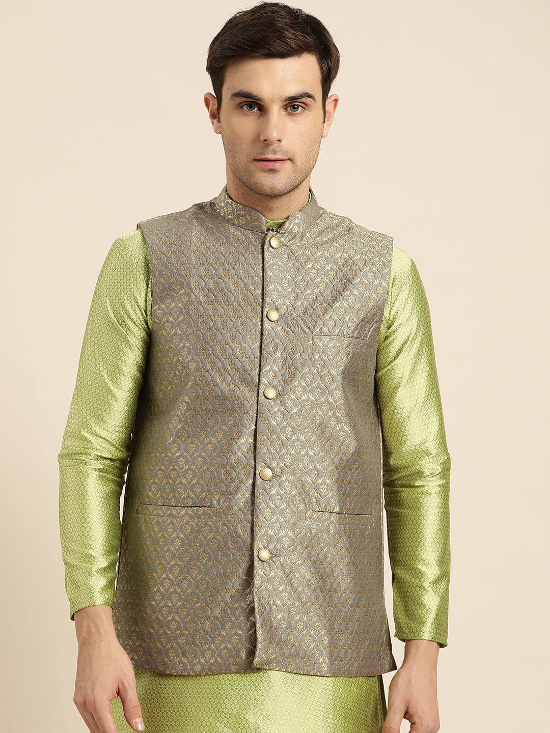 

SOJANYA Men Grey & Golden Woven Design Nehru Jacket