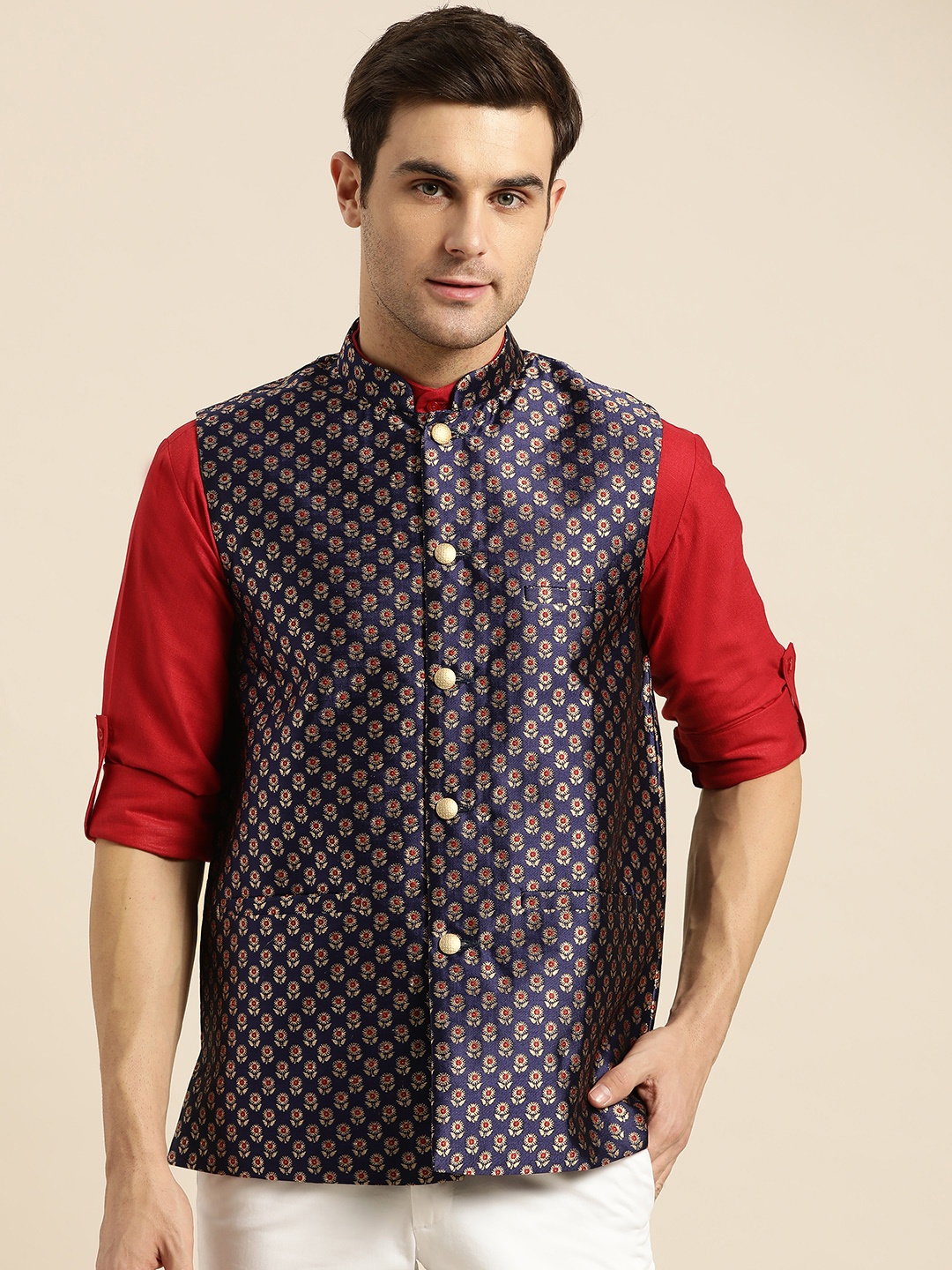 

SOJANYA Men Navy Blue & Golden Woven Design Nehru Jacket