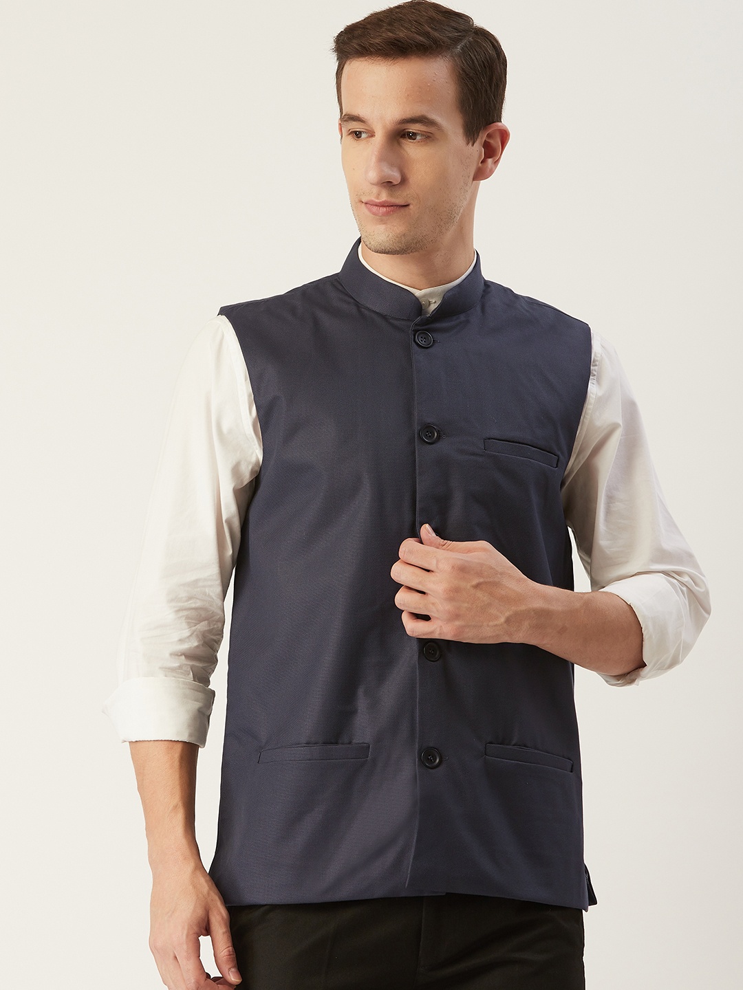 

SOJANYA Men Charcoal Grey Solid Nehru Jacket