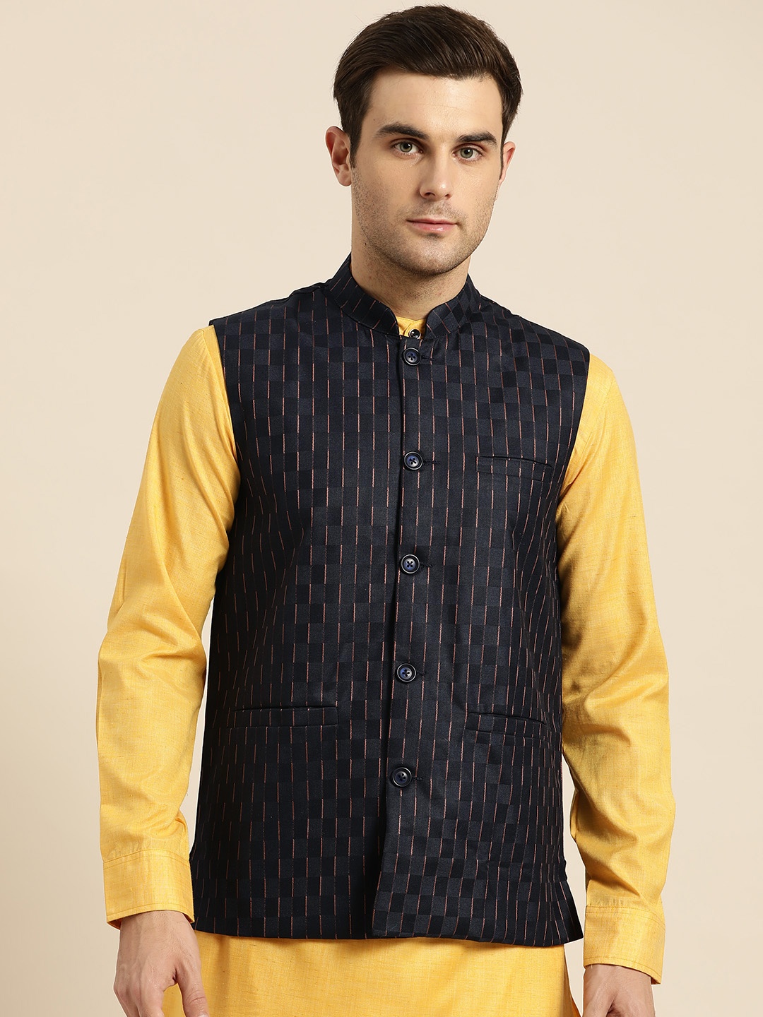 

SOJANYA Men Navy Blue & Peach-Coloured Self-Checked Nehru Jacket