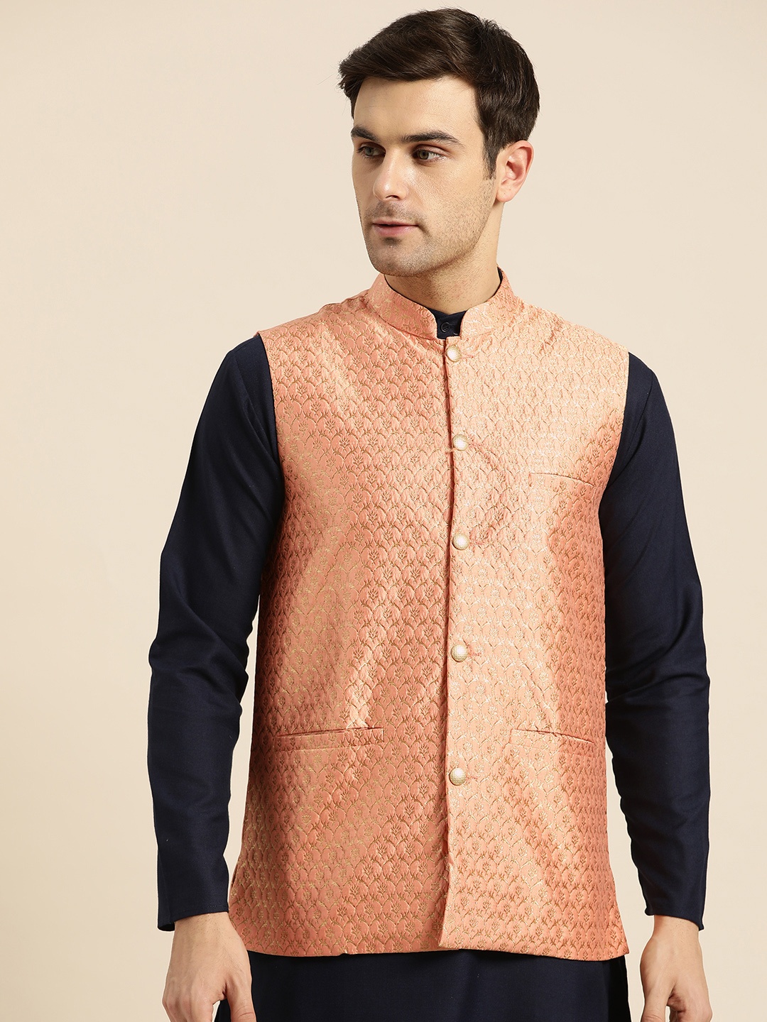 

SOJANYA Men Peach-Coloured & Golden Woven Design Nehru Jacket