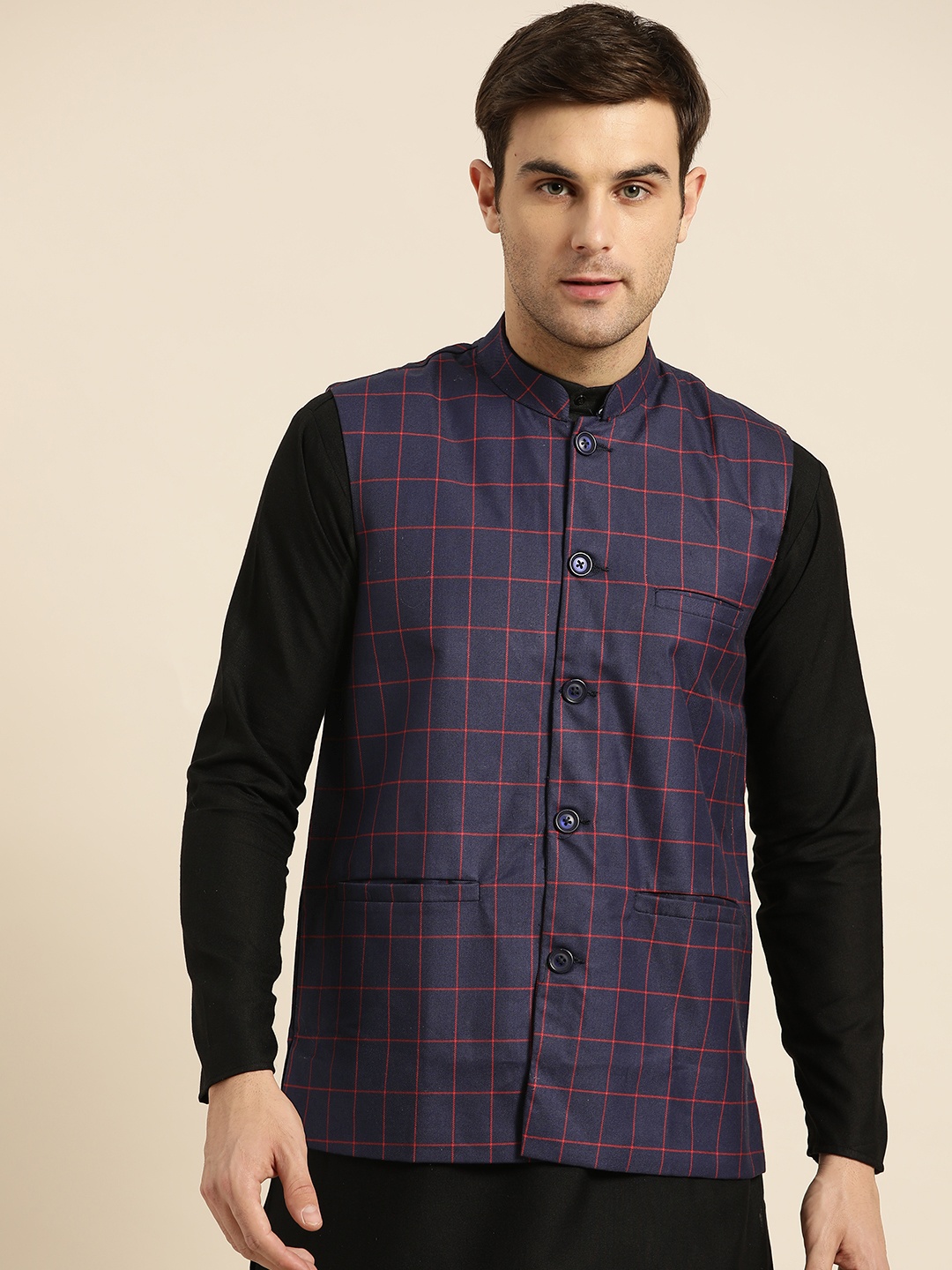 

SOJANYA Men Navy & Red Checked Nehru Jacket, Navy blue