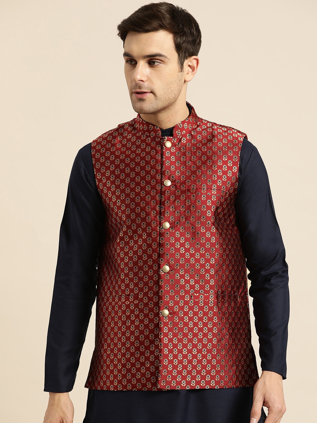 

SOJANYA Men Maroon & Golden Woven Design Nehru Jacket