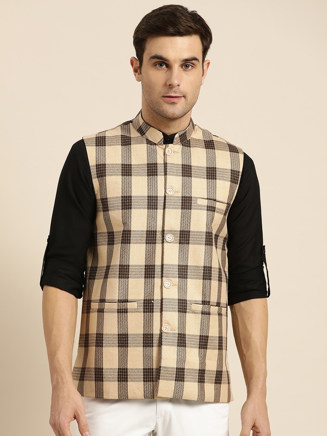 

SOJANYA Men Beige & Coffee Brown Checked Nehru Jacket