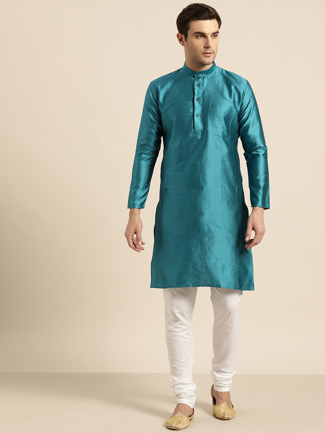 

SOJANYA Men Turquoise Blue Woven Design Straight Kurta