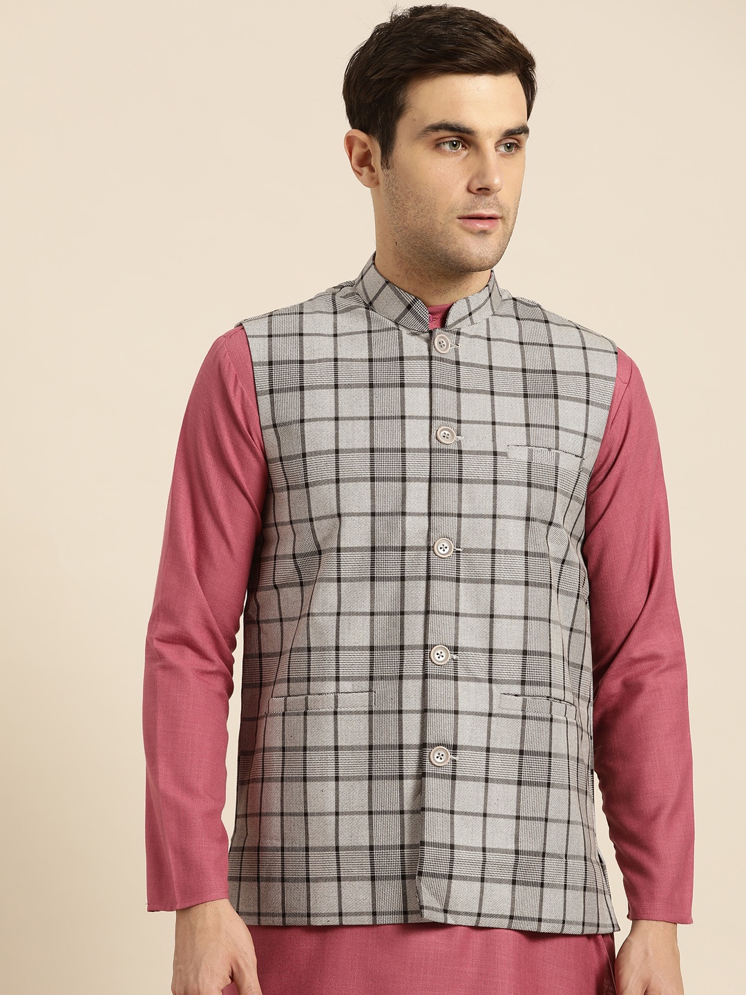 

SOJANYA Men Grey & Black Checked Nehru Jacket