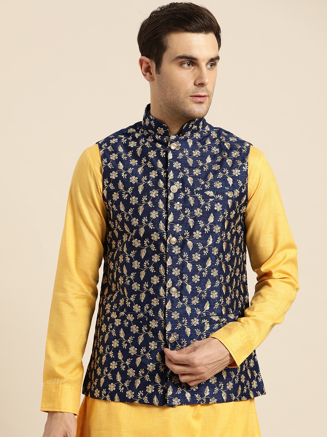 

SOJANYA Men Navy Blue & Golden Embroidered Nehru Jacket