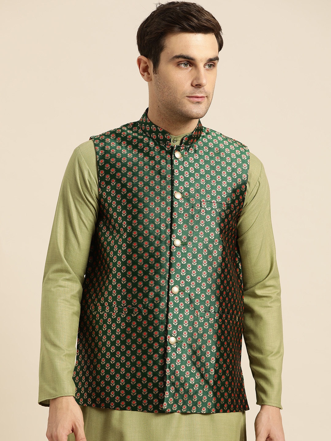 

SOJANYA Men Green & Golden Woven Design Nehru Jacket