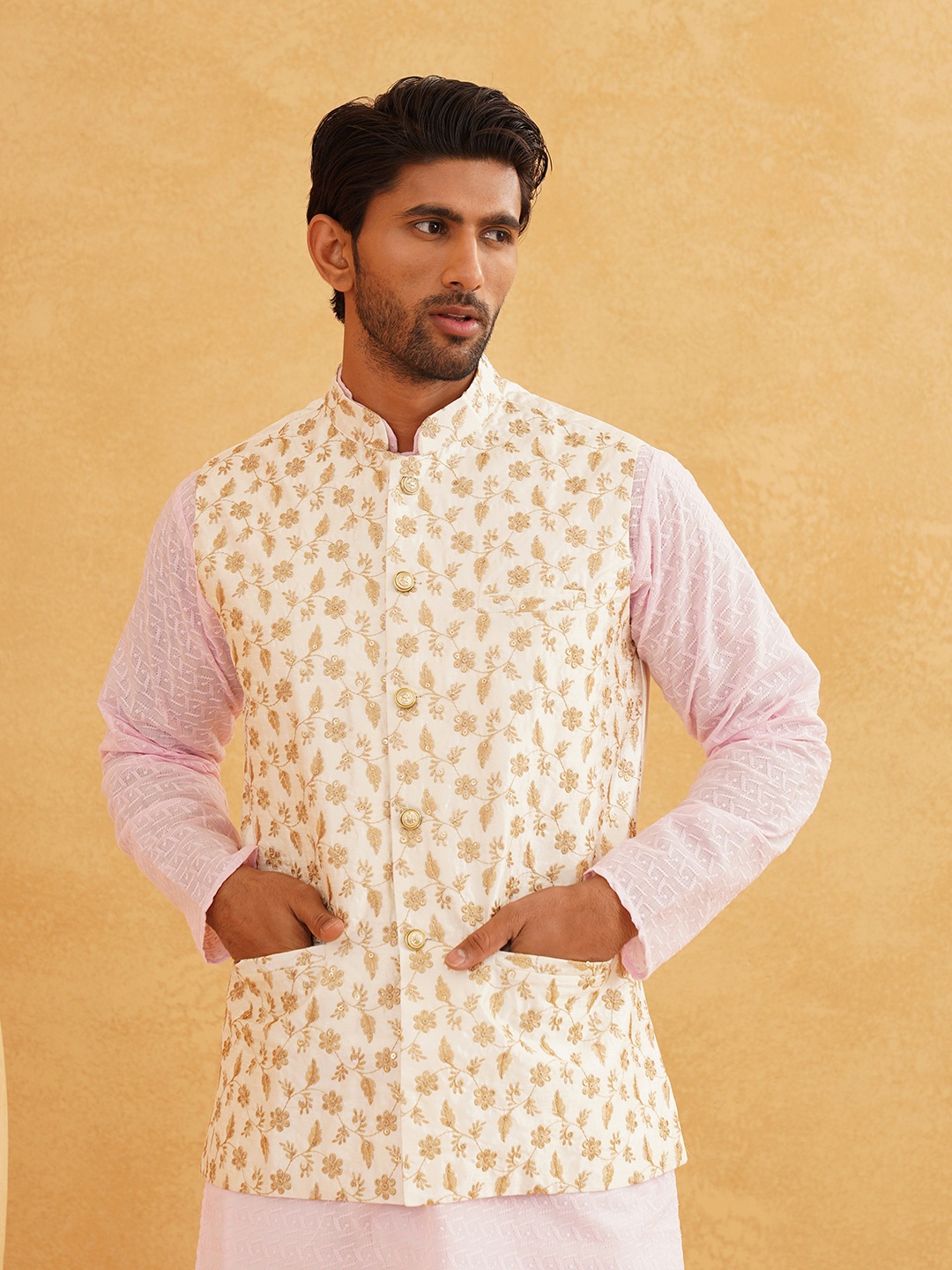 

SOJANYA Men Cream-Coloured & Golden Embroidered Nehru Jacket