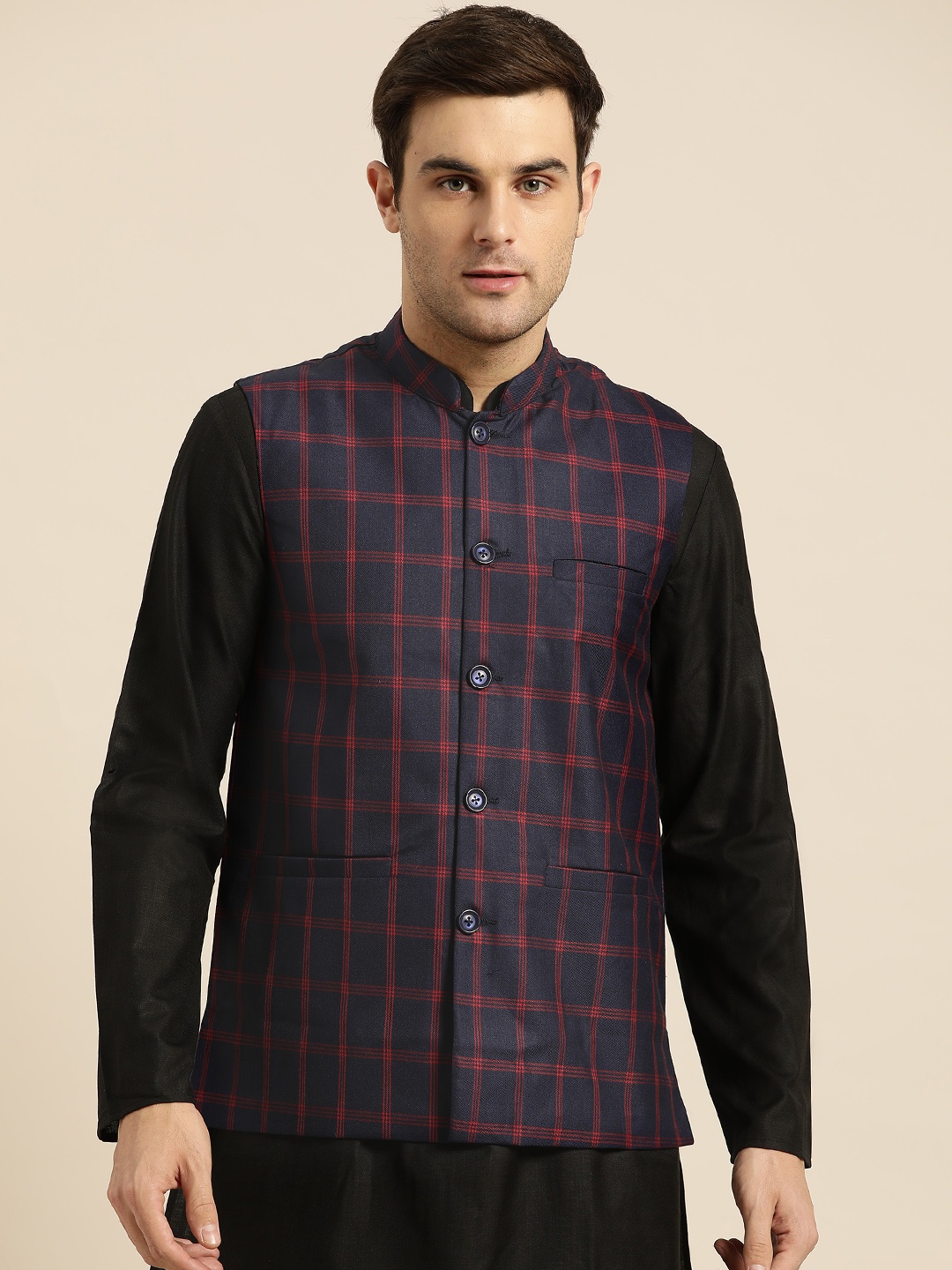 

SOJANYA Men Navy Blue & Maroon Checked Nehru Jacket