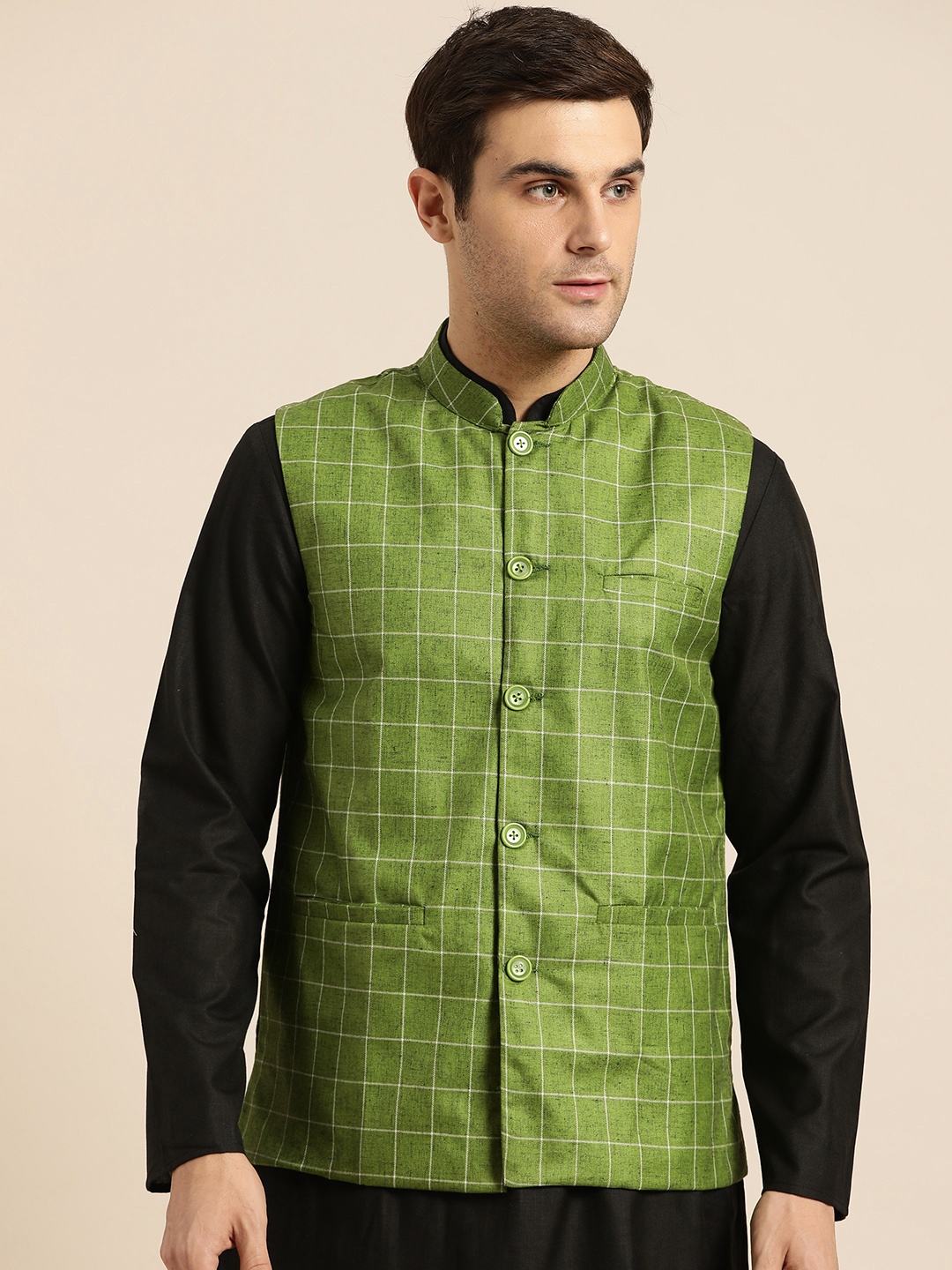 

SOJANYA Men Green & Off-White Checked Nehru Jacket