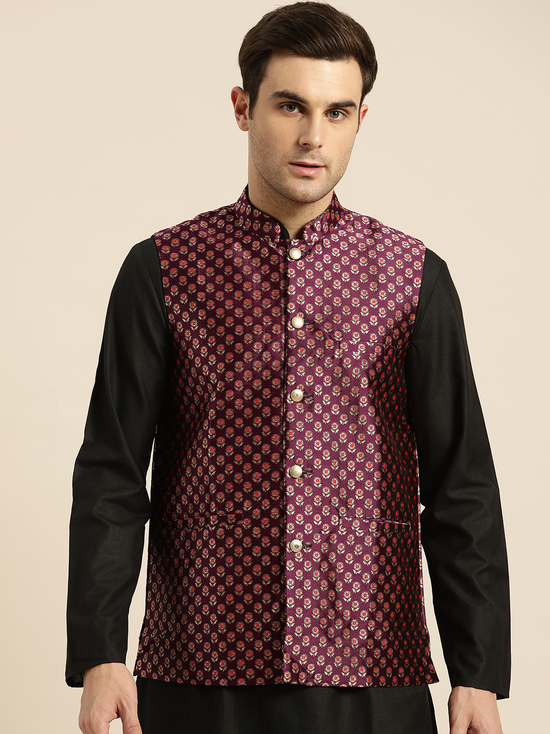 

SOJANYA Men Purple & Golden Woven Design Nehru Jacket