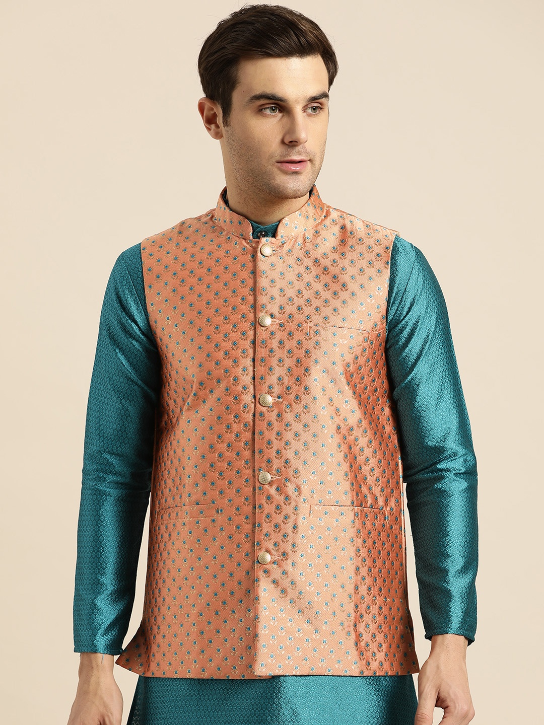 

SOJANYA Men Peach-Coloured & Golden Woven Design Nehru Jacket