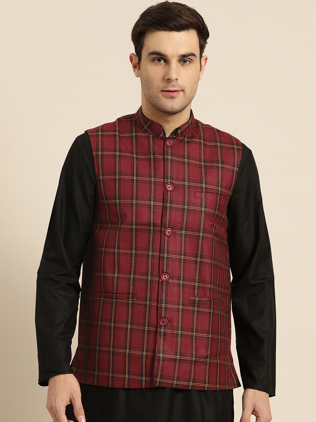 

SOJANYA Men Maroon & Black Checked Nehru Jacket