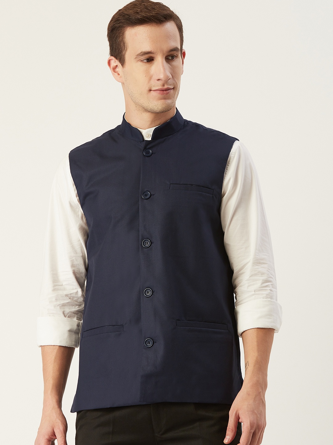 

SOJANYA Men Navy Blue Solid Nehru Jacket