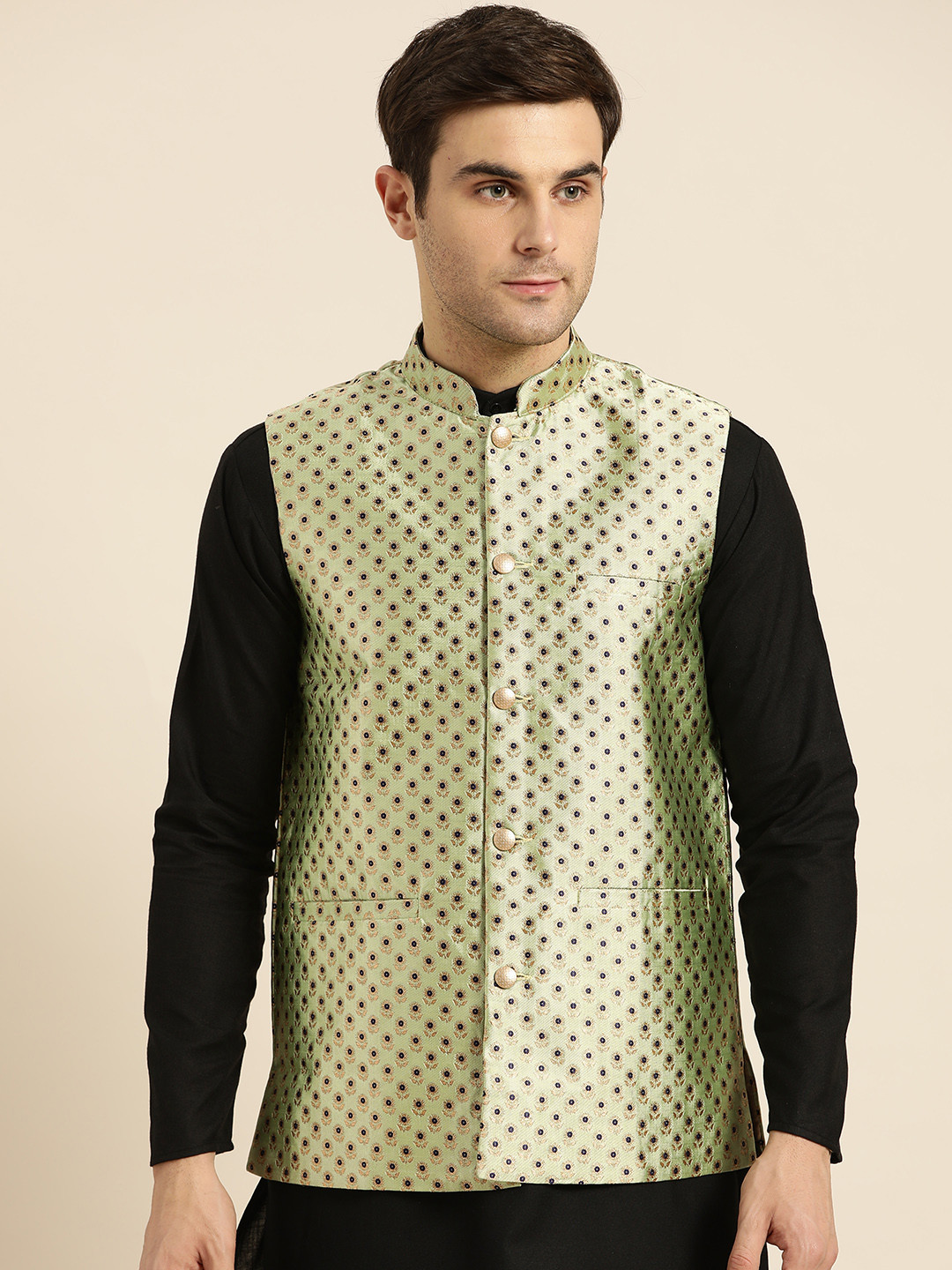 

SOJANYA Men Green & Golden Woven Design Nehru Jacket
