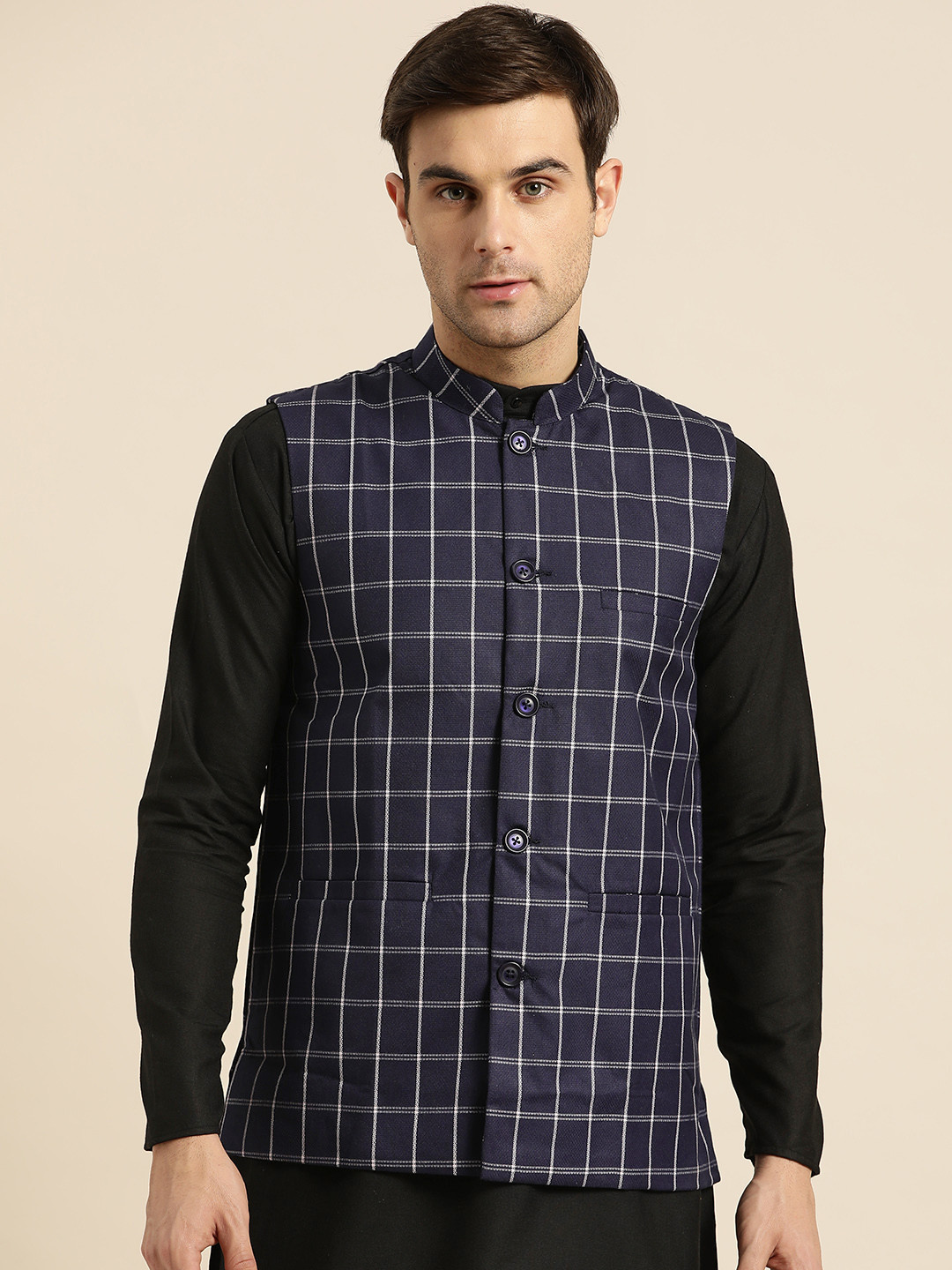 

SOJANYA Men Navy & Off-White Checked Nehru Jacket, Navy blue