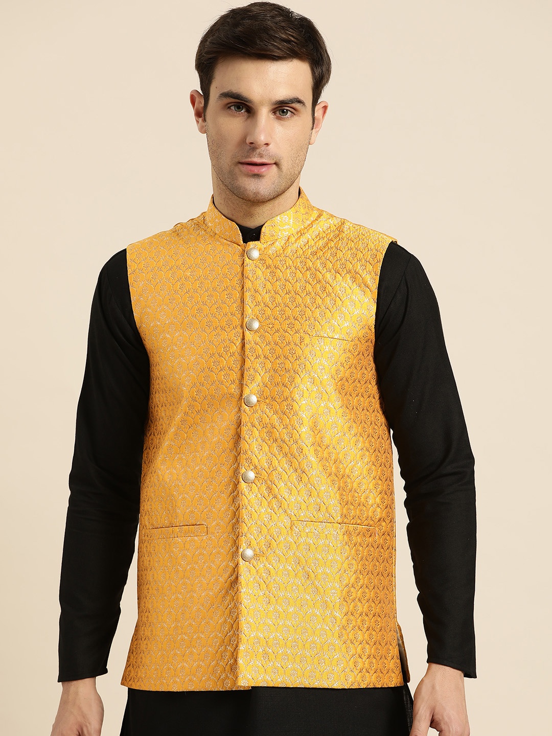 

SOJANYA Men Mustard Yellow & Golden Woven Design Nehru Jacket