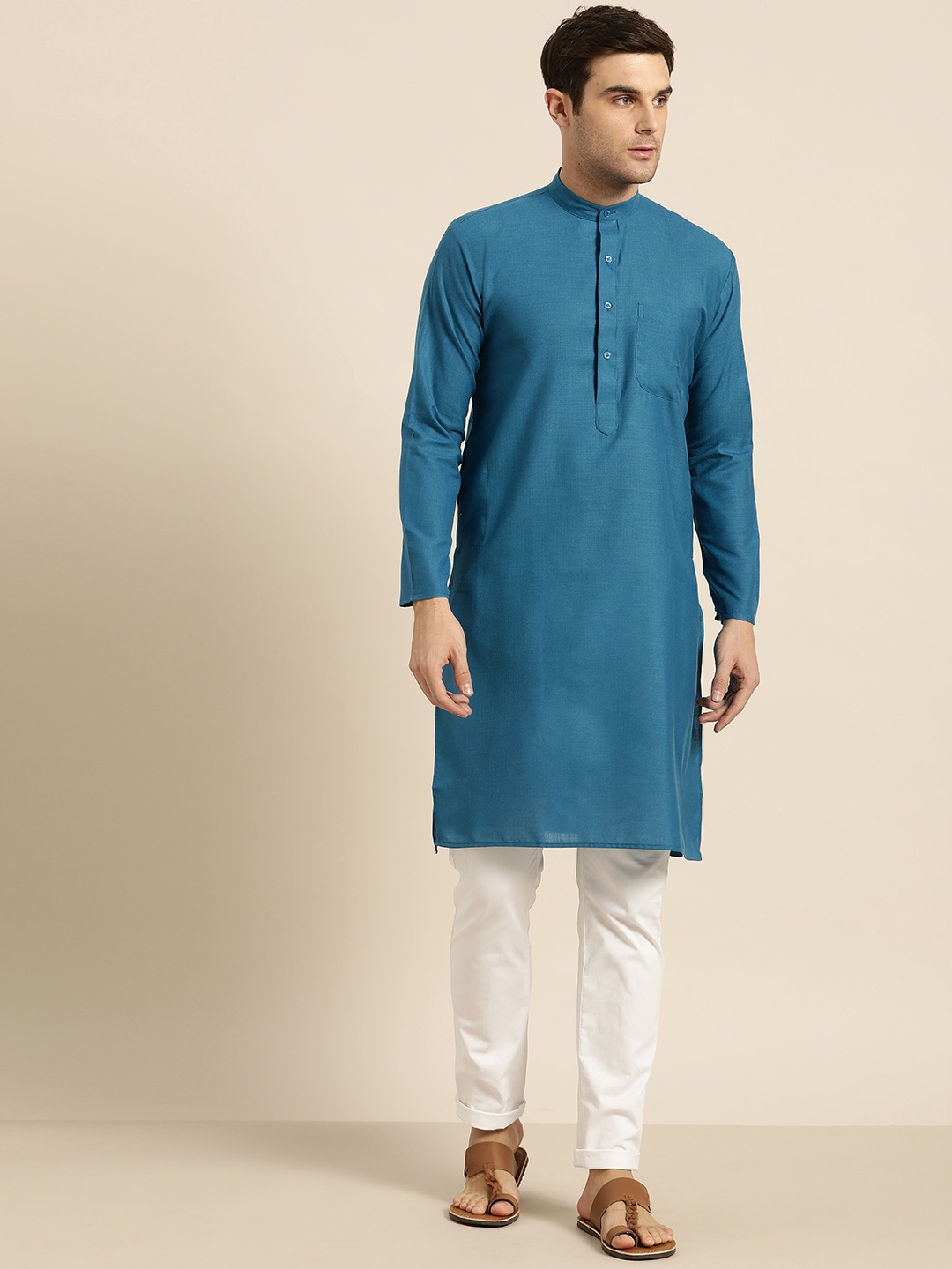 

SOJANYA Men Teal Blue Solid Straight Kurta