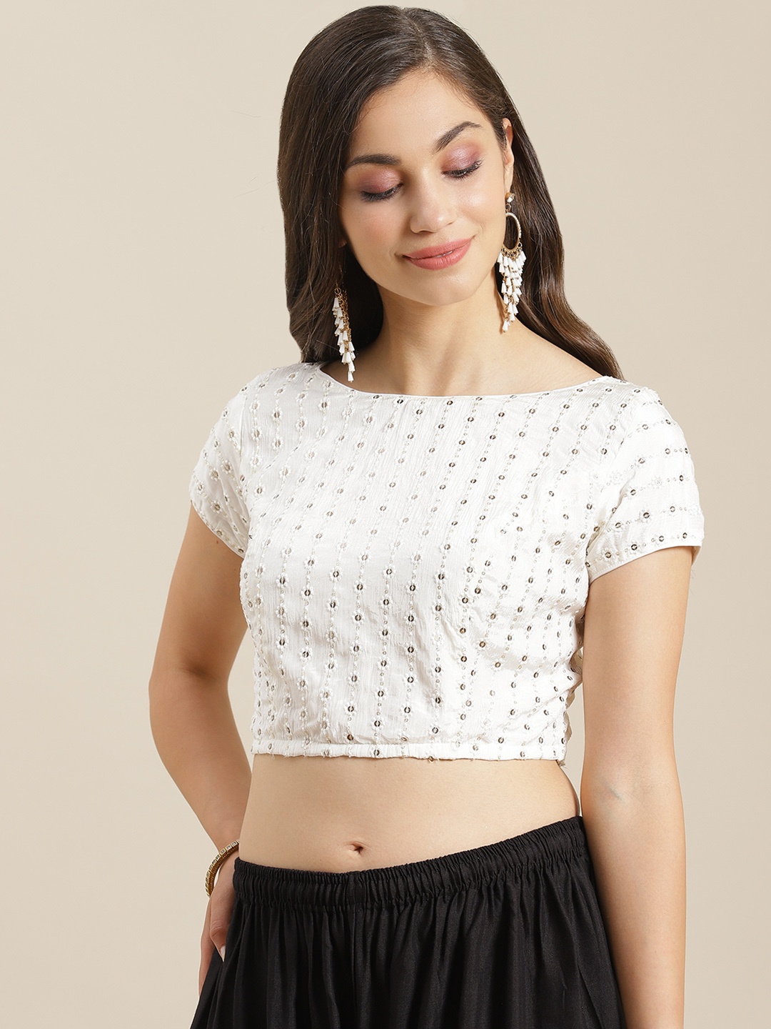 

Studio Shringaar White & Golden Chikankari Embroidered Saree Blouse