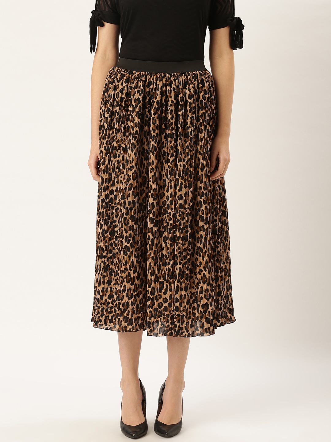 

WISSTLER Women Brown & Black Animal Print Crinkled A-Line Skirt