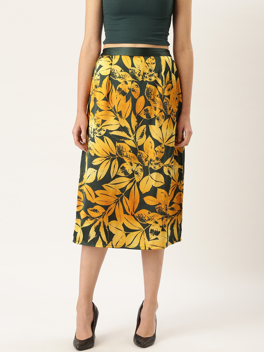 

WISSTLER Women Green & Mustard Yellow Satin Finish Leaf Print A-Line Skirt