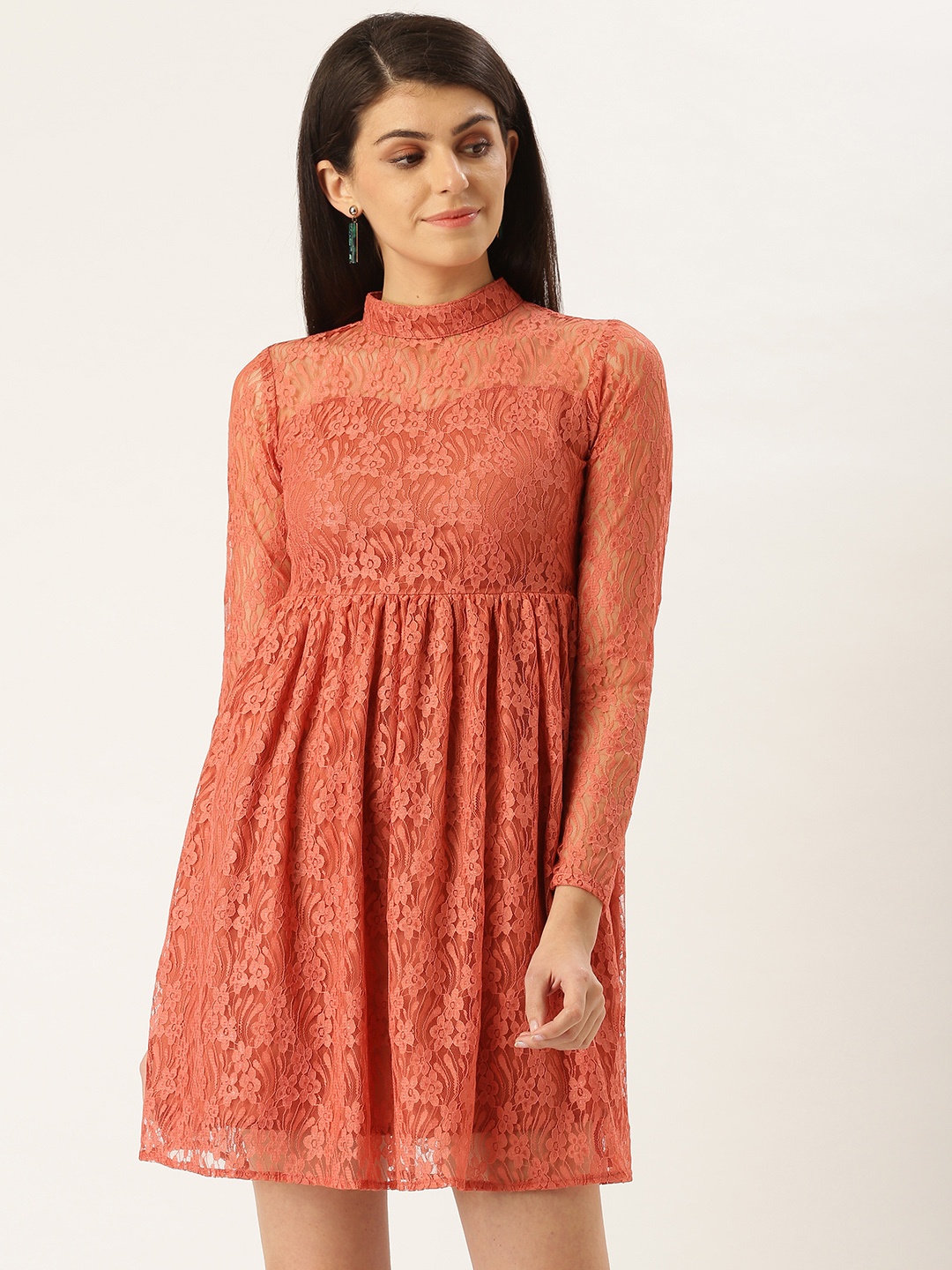 

WISSTLER Women Peach-Coloured Self Design Fit & Flare Dress