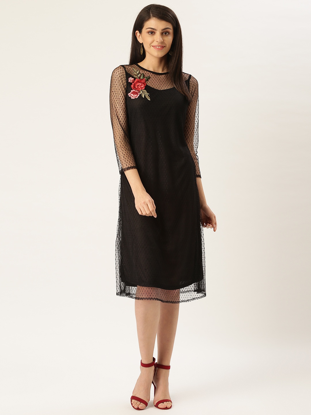 

WISSTLER Women Black Semi Sheer Net A-Line Dress