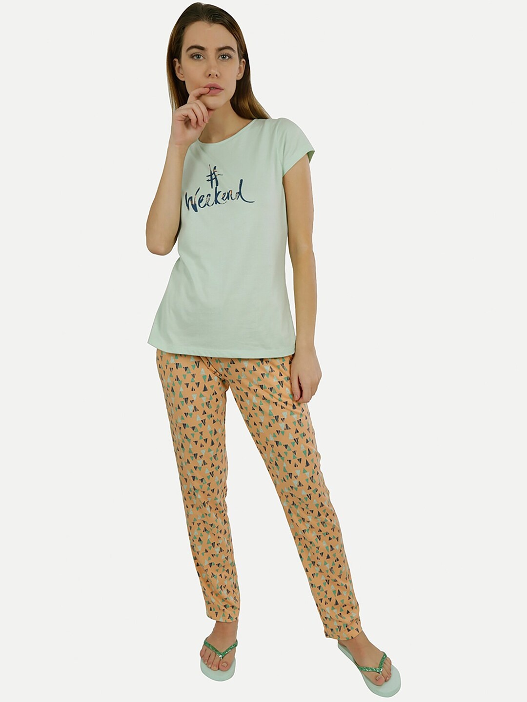 

Sweet Dreams Women Sea Green & Peach Printed Night Suit