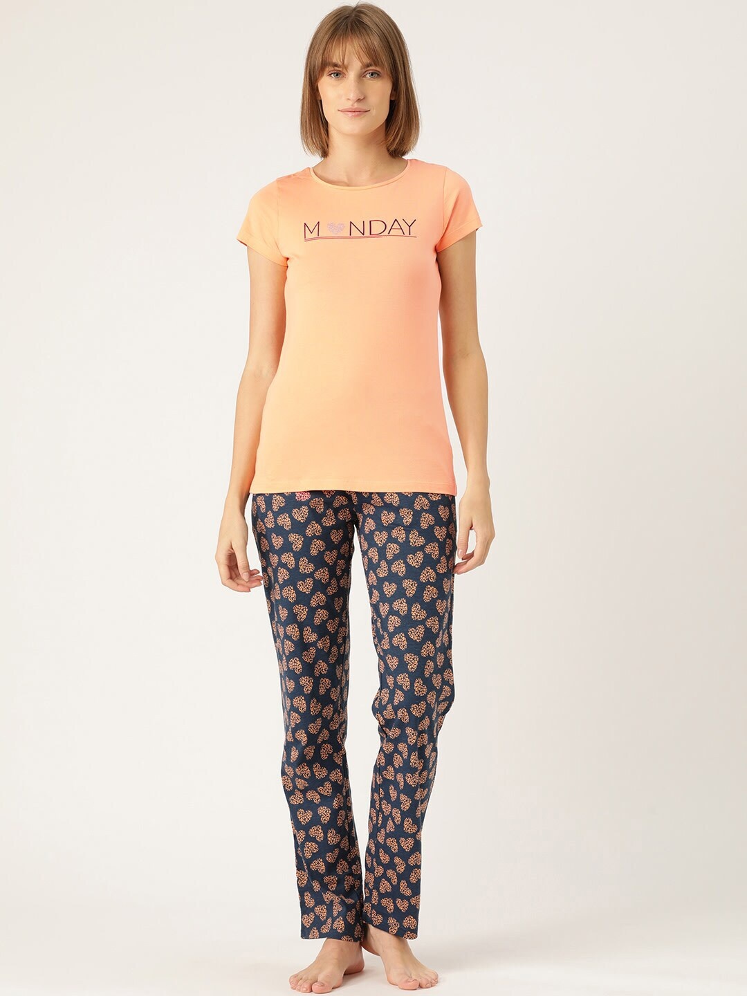 

Sweet Dreams Women Peach-Coloured & Navy Blue Printed Nightsuit