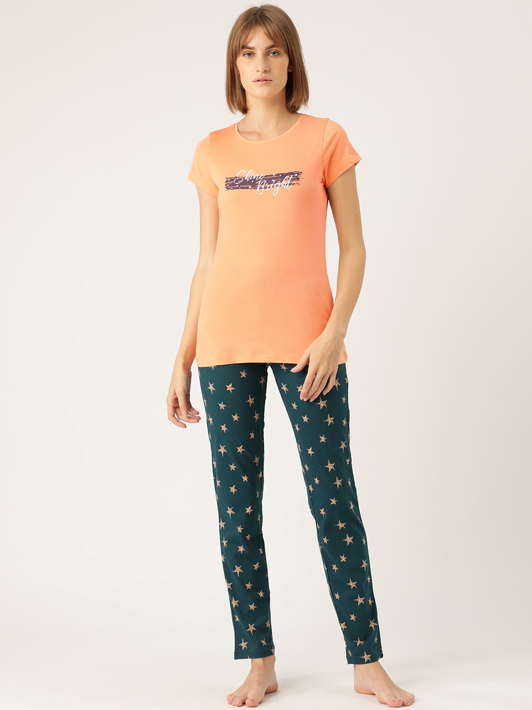 

Sweet Dreams Women Peach-Coloured & Teal Blue Printed Night suit