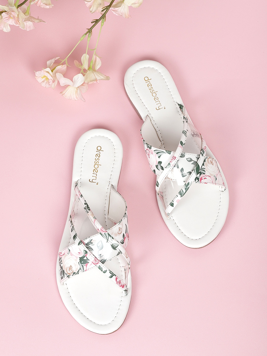 

DressBerry Women White & Pink Floral Print Open Toe Flats