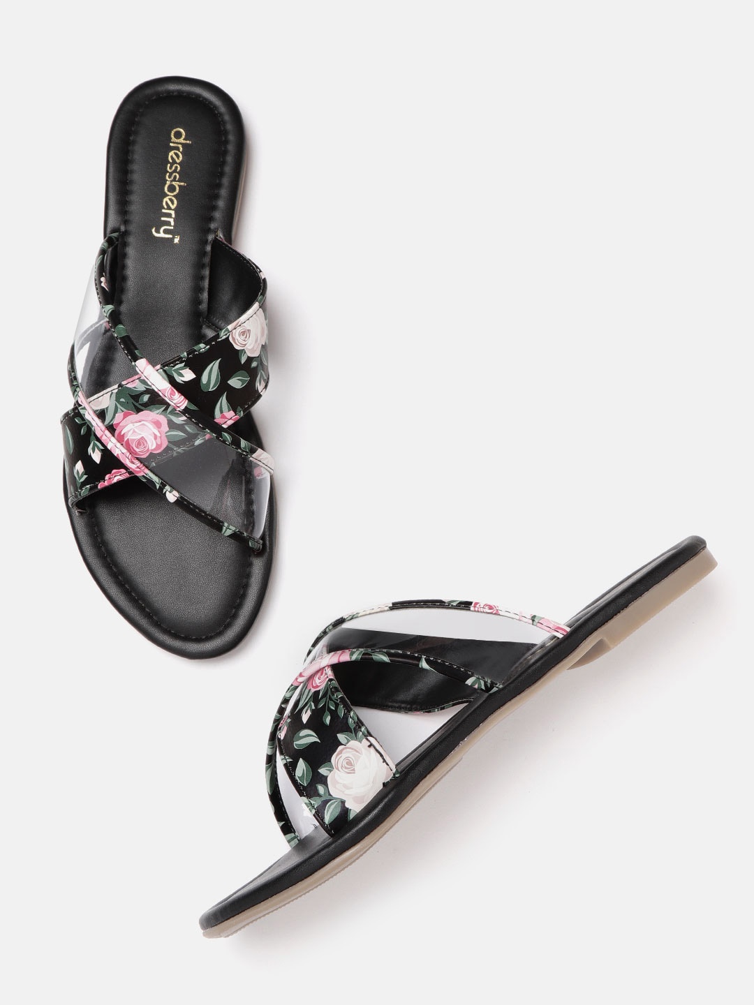 

DressBerry Women Black & Pink Floral Print Open Toe Flats