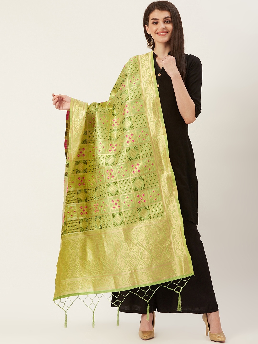

Shaily Women Green & Golden Zari Woven Design Dupatta