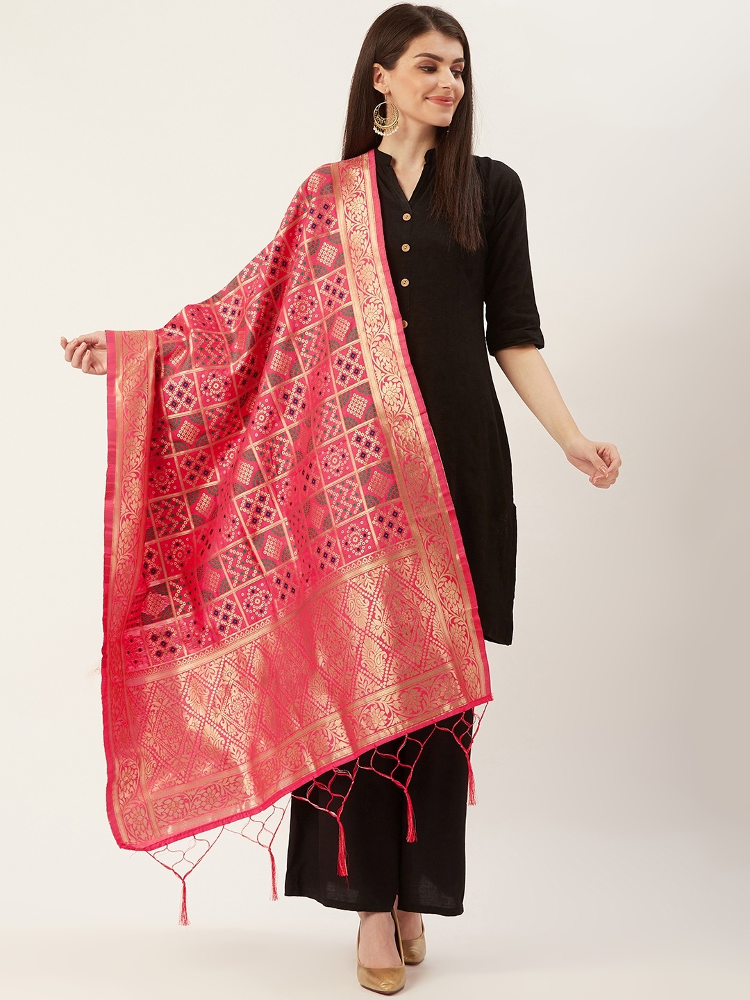 

Shaily Women Pink & Golden Zari Woven Design Dupatta