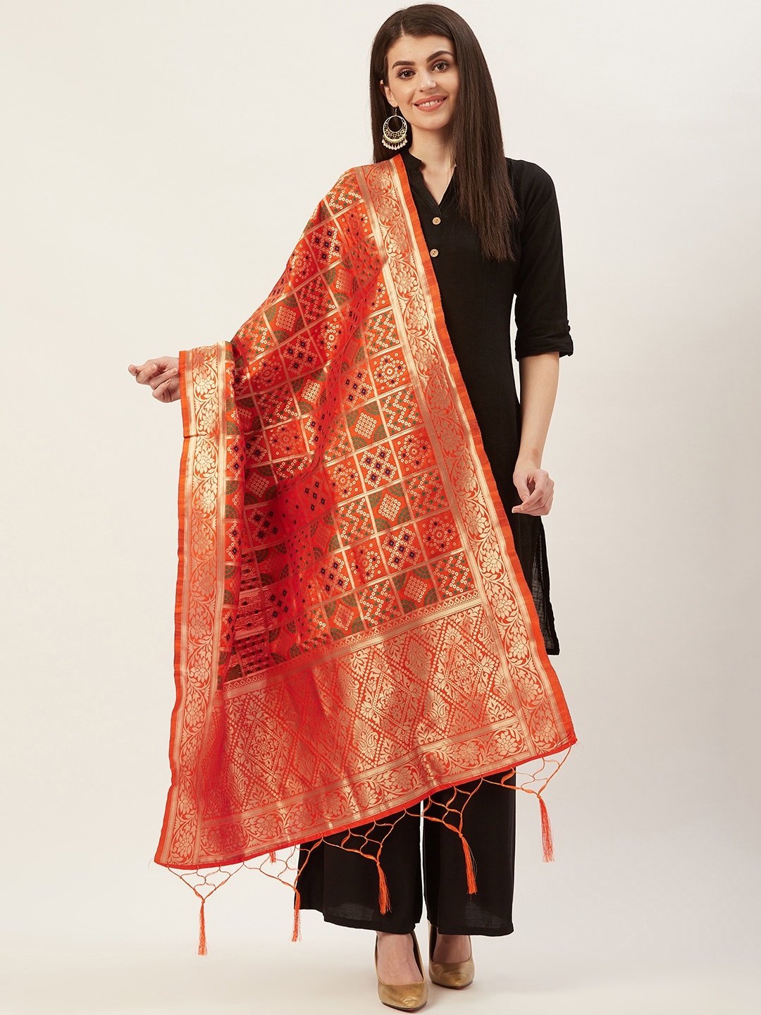 

Shaily Women Orange & Golden Zari Woven Design Dupatta