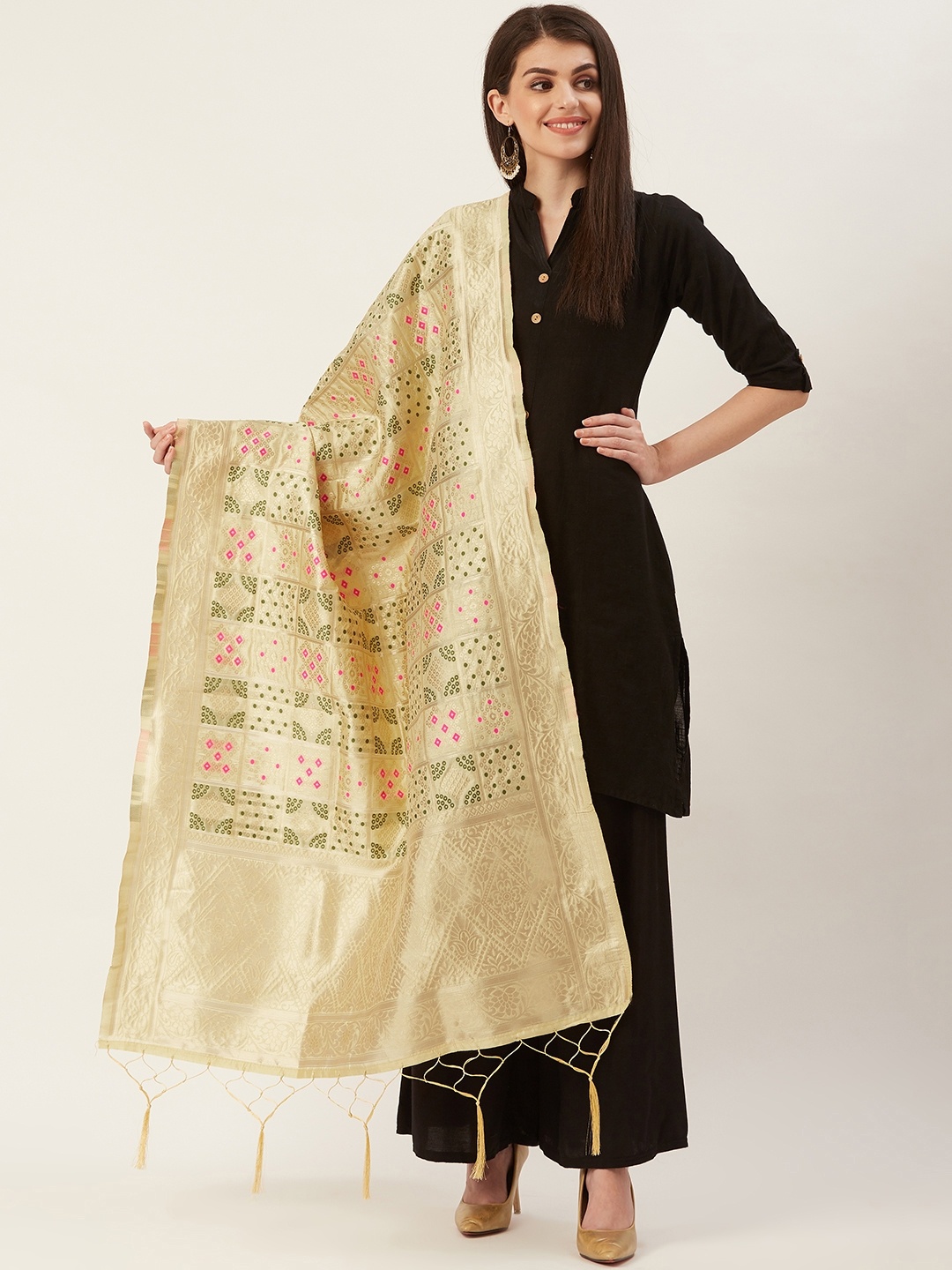 

Shaily Women Beige & Olive Green Zari Woven Design Dupatta