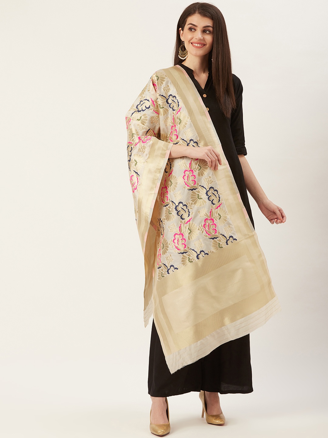

Shaily Women Cream-Coloured & Pink Zari Woven Design Dupatta