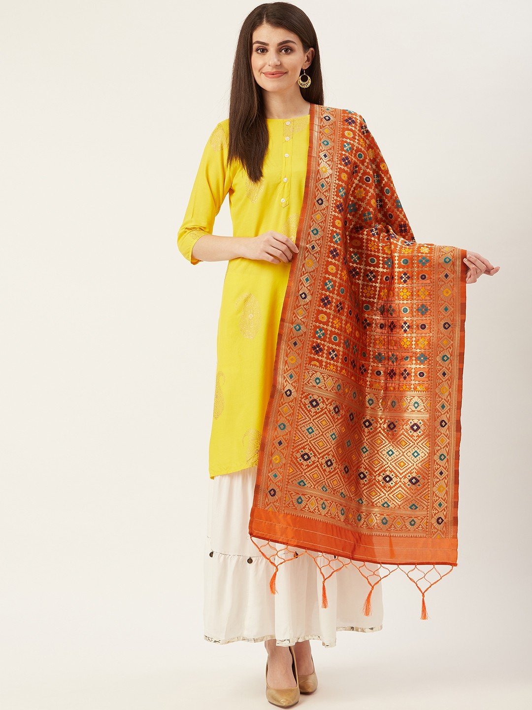 

Shaily Rust Orange & Golden Woven Design Dupatta