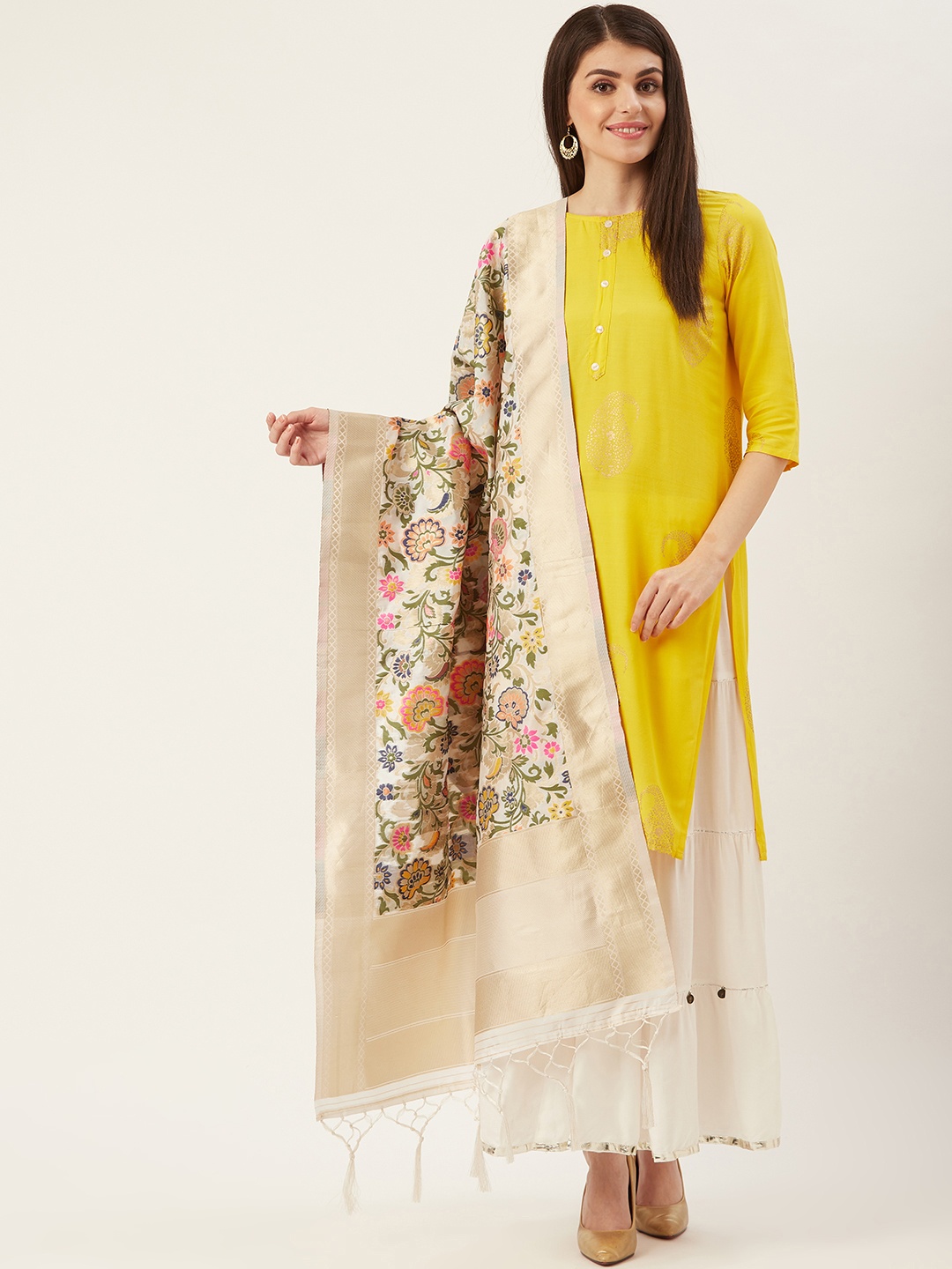 

Shaily Off-White & Olive Green Zari Woven Design Dupatta